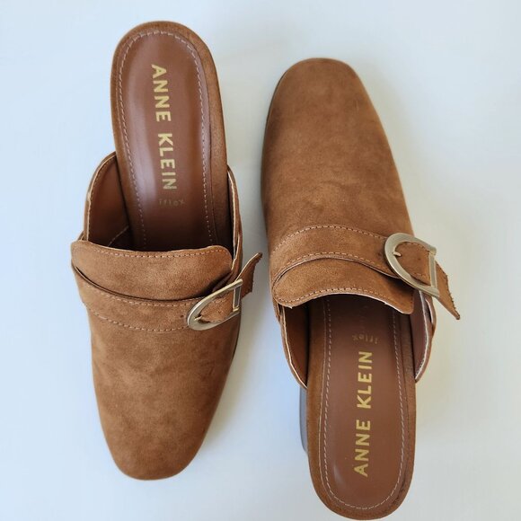 Anne Klein Brown Block Heel Mules Faux Suede Buckle Slip On Business Casual 10 - Picture 2 of 14